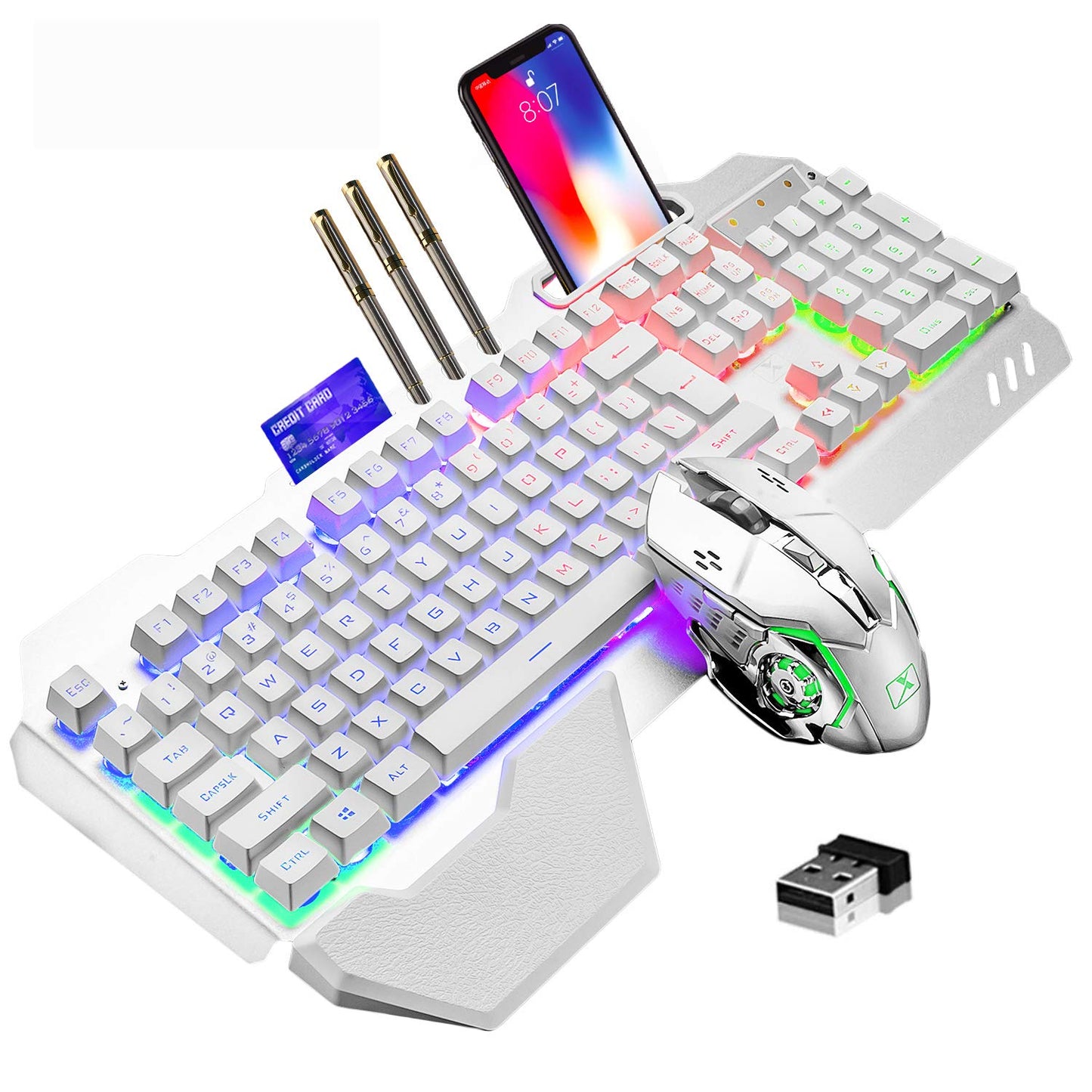 Wireless Gaming Keyboard and Mouse,RGB Backlit Rechargeable Keyboard Mouse with 5000mAh Battery Metal Panel,Removable Hand Rest Mechanical Feel Keyboard and 7 Color Gaming Mute Mouse for PC Gamers