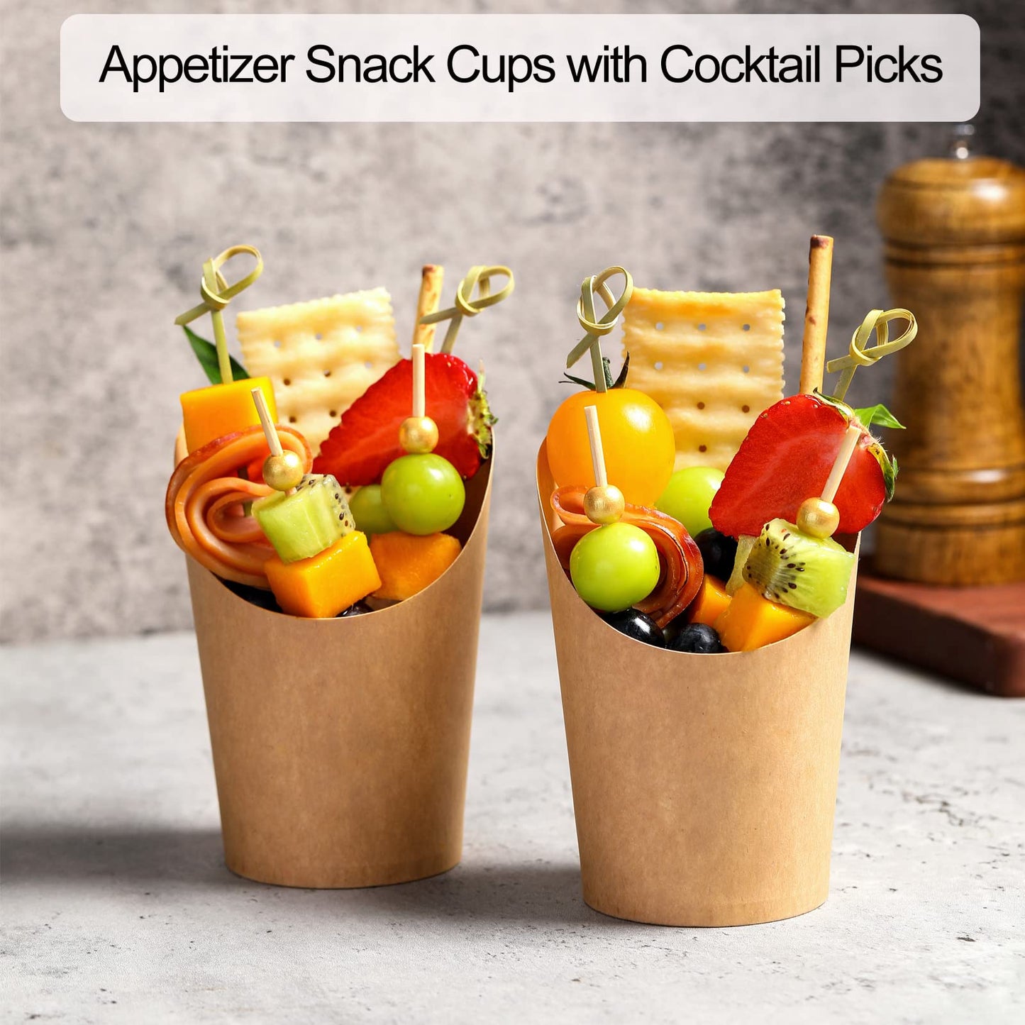 Disposable Charcuterie Cups 60 PCS with 200PCS Sticks and 60PCS Bags, 14 oz Kraft Paper Snack Boxes Appetizers Cup French Fry Holder with Cocktail Skewers Toothpicks Tooth Picks, Brown