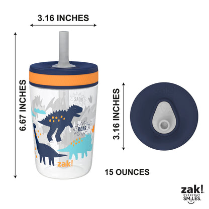 Zak Designs Kelso Toddler Cups For Travel or At Home, 15oz 2-Pack Durable Plastic Sippy Cups With Leak-Proof Design is Perfect For Kids (DinoRoar, Zaksaurus)