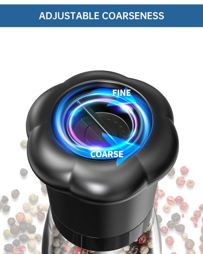 CIRCLE JOY Manual Salt and Pepper Grinder Set For Professional Chef, Refillable Salt and Pepper Shakers with Ceramic Blades, Adjustable Coarseness and BPA-free 180ml Glass Container, Tall Black White