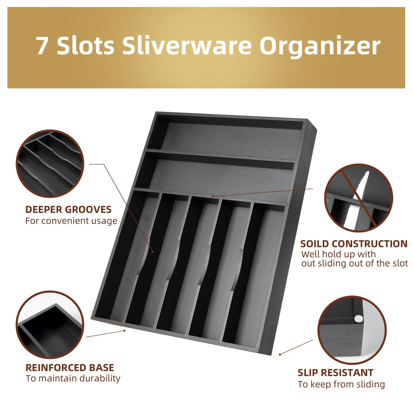 Besilord Silverware Organizer Kitchen Drawer Organizer Utensil Organizer Bamboo Silverware Holder Cutlery Organizer in Drawer Flatware Organizer Tray(7 slots, Black