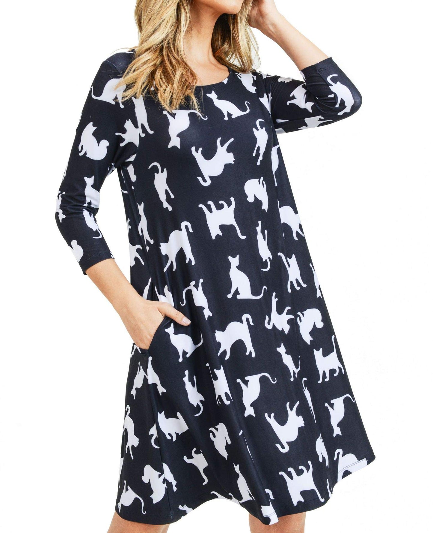 Women's Plus Size Novelty Cat Print Dresses with Pockets 2X Casual 3/4 Sleeves Crew Neck Fit and Flare Dress Balck White Kitty