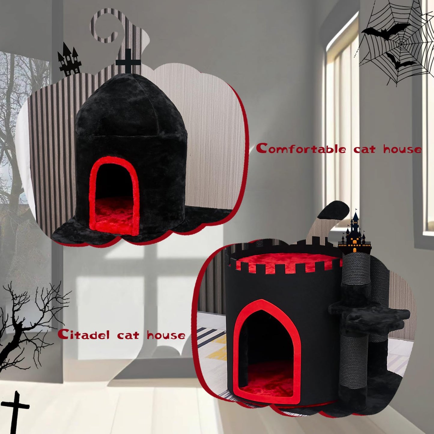 YARUOMY Gothic Cat Tree Castle, 56in Black Cat Tower with Coffin Cat Bed, Spacious Cat Condo for Halloween Cat, Kraft Twine Scratching Posts, Spider Hanging Ball,Goth Pet Furniture