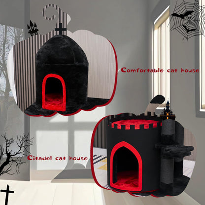 YARUOMY Gothic Cat Tree Castle, 56in Black Cat Tower with Coffin Cat Bed, Spacious Cat Condo for Halloween Cat, Kraft Twine Scratching Posts, Spider Hanging Ball,Goth Pet Furniture