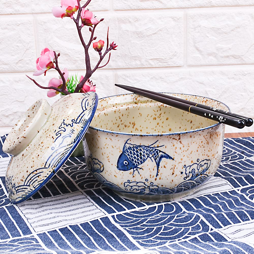 Whitenesser Ramen Bowl with Lid, Japanese Style 25.4 OZ Big Ceramic Bowls with Lid and for Soup Rice Noodle and Porridge, Microwave Oven Safety
