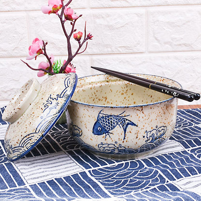 Whitenesser Ramen Bowl with Lid, Japanese Style 25.4 OZ Big Ceramic Bowls with Lid and for Soup Rice Noodle and Porridge, Microwave Oven Safety