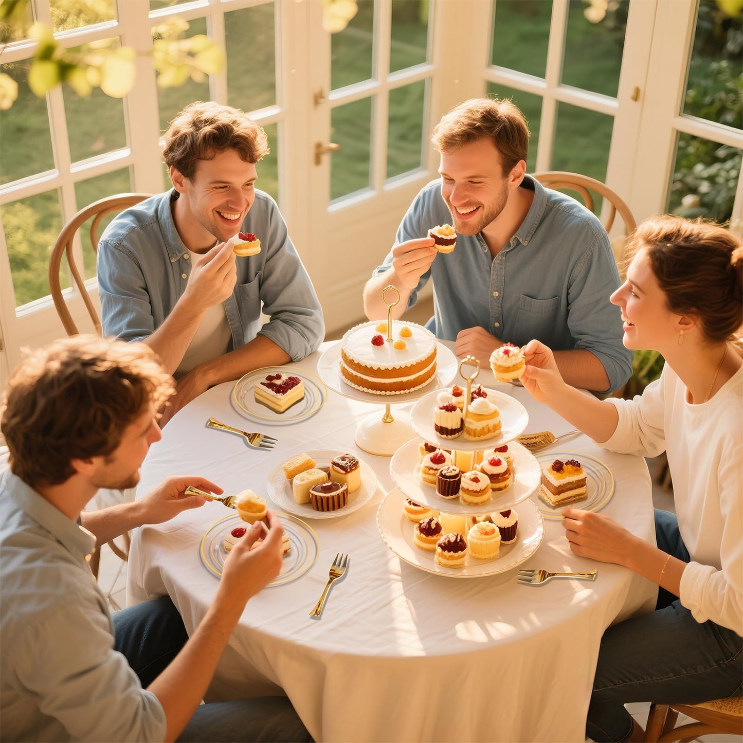 DaYammi 240Pcs Appetizer Plates Include 120Pcs Gold Dessert Plates 6.3inch with 120Pcs Gold Plastic Forks 5.7inch,Clear gold plates Disposable Salad Plate for Party Cake Plate for Wedding