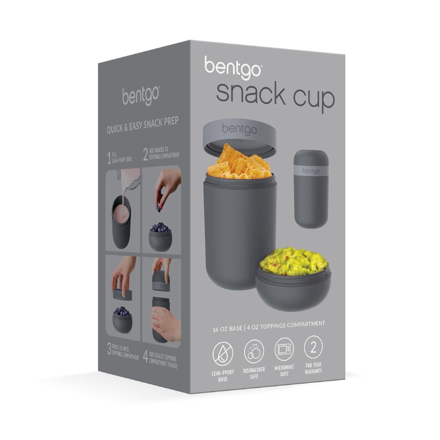 Bentgo Snack Cup - Reusable Snack Container with Leak-Proof Design, Toppings Compartment, and Dual-Sealing Lid, Portable & Lightweight for Work, Travel, Gym - Dishwasher Safe (Dark Gray)