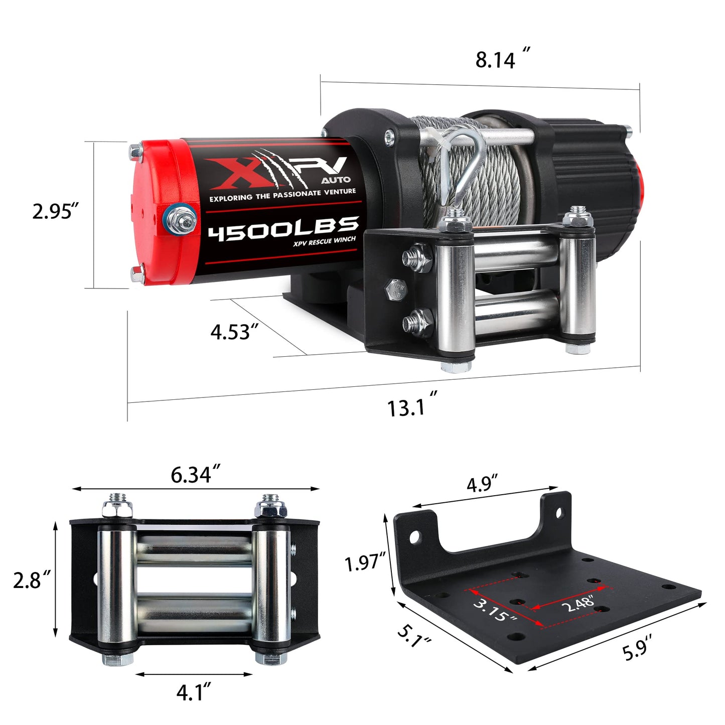 XPV AUTO 12V 4500LBS Steel Rope Electric Winch for Towing ATV/UTV Off Road with Wireless Remote Control Mounting Bracket IP67 Waterproof Electric Winch with 4-Way Roller Fairlead