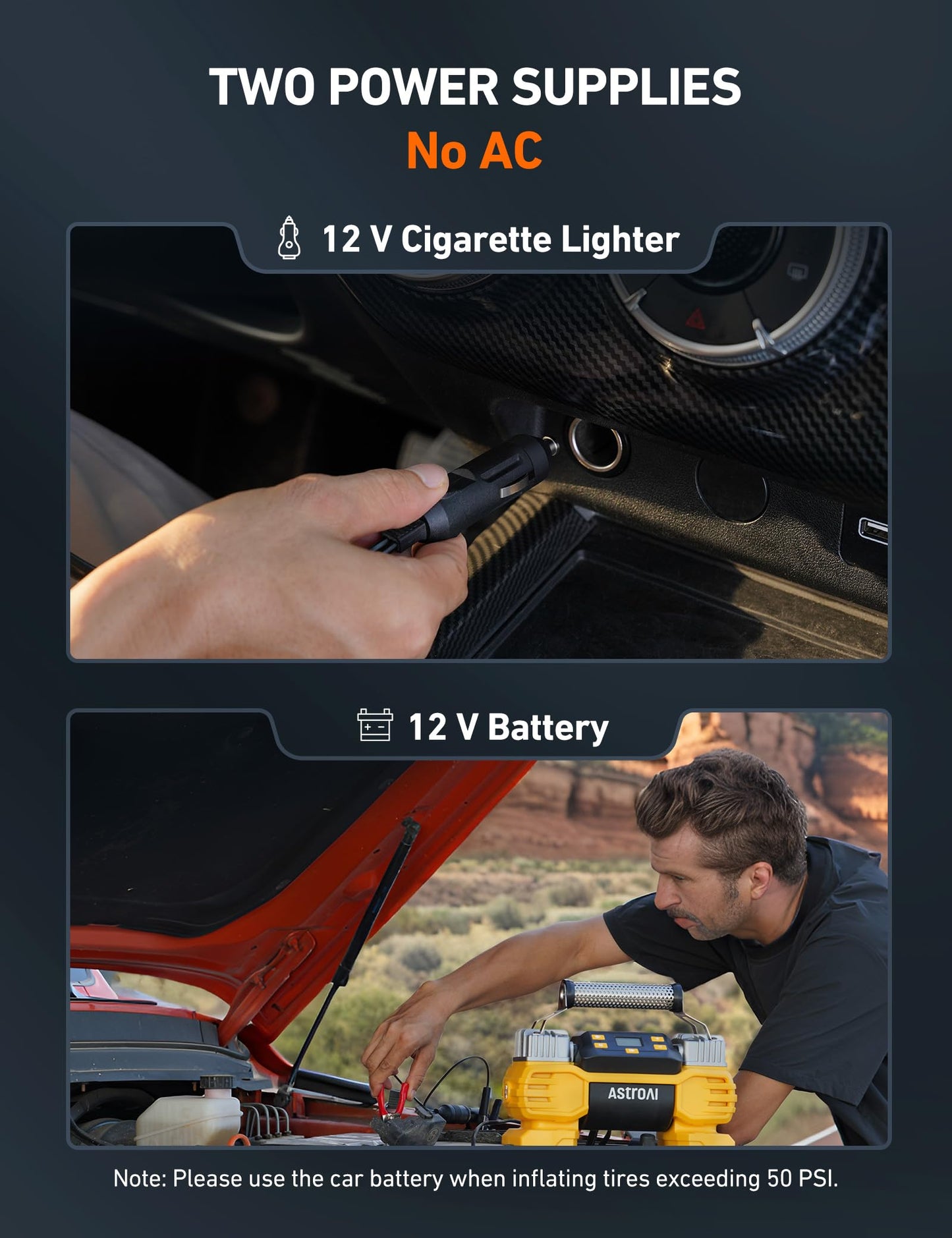 AstroAI Portable 160 PSI DC Heavy Duty Tire Inflator Pump Auto Shutoff with Screen, Dual Cylinders & Dual Motors, 12V Air Compressor for SUVs, RVs, ORVs, Cars, Air Mattresses, etc. Yellow(NO AC)