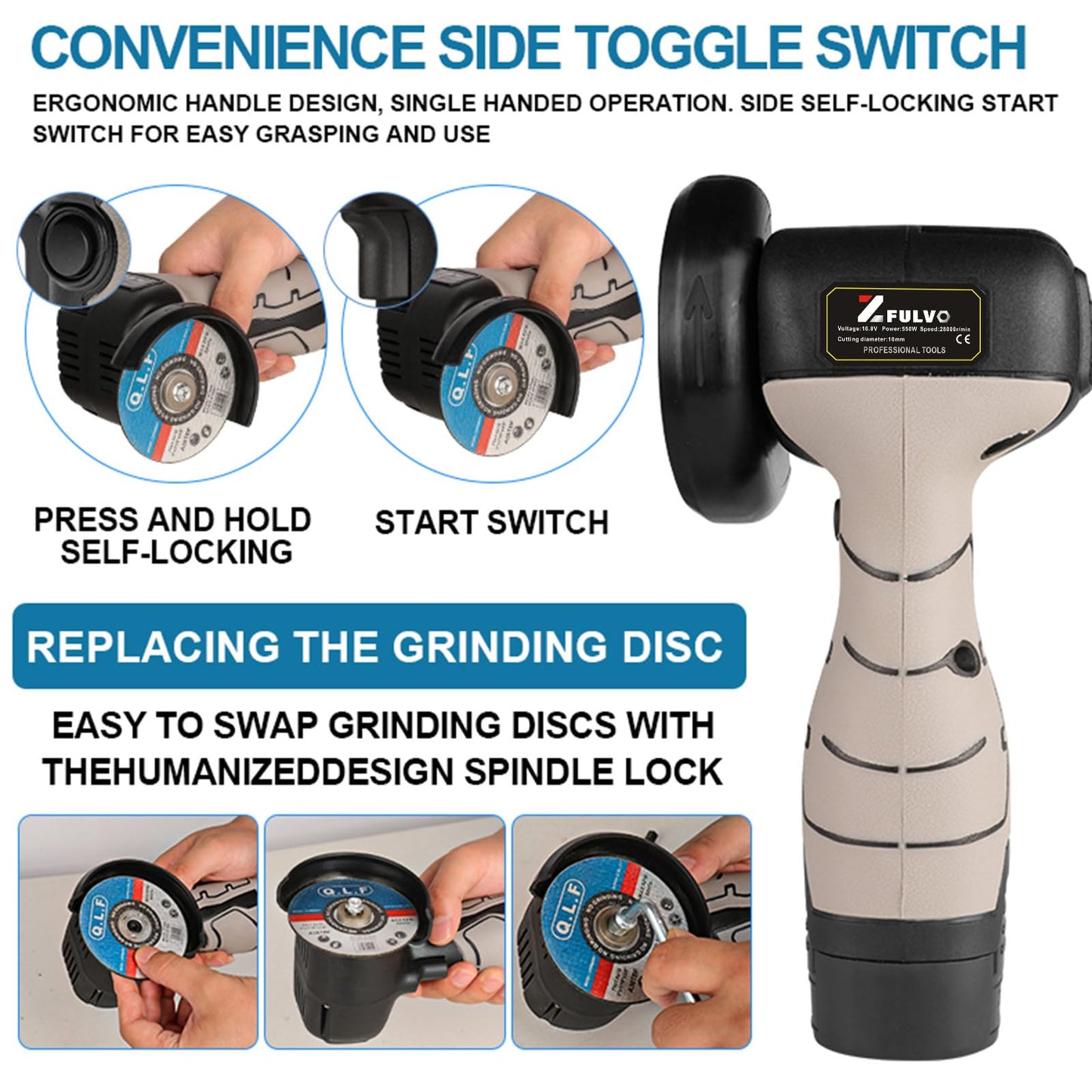 ZFULVO Cordless Brush Angle Grinder Kit, 19500rpm Mini Electric Angle Grinding Tool with 2pcs 16.8V 2000mAh Batteries and 5-Cutting Discs, Grinder Handheld Cutter for Metal Wood