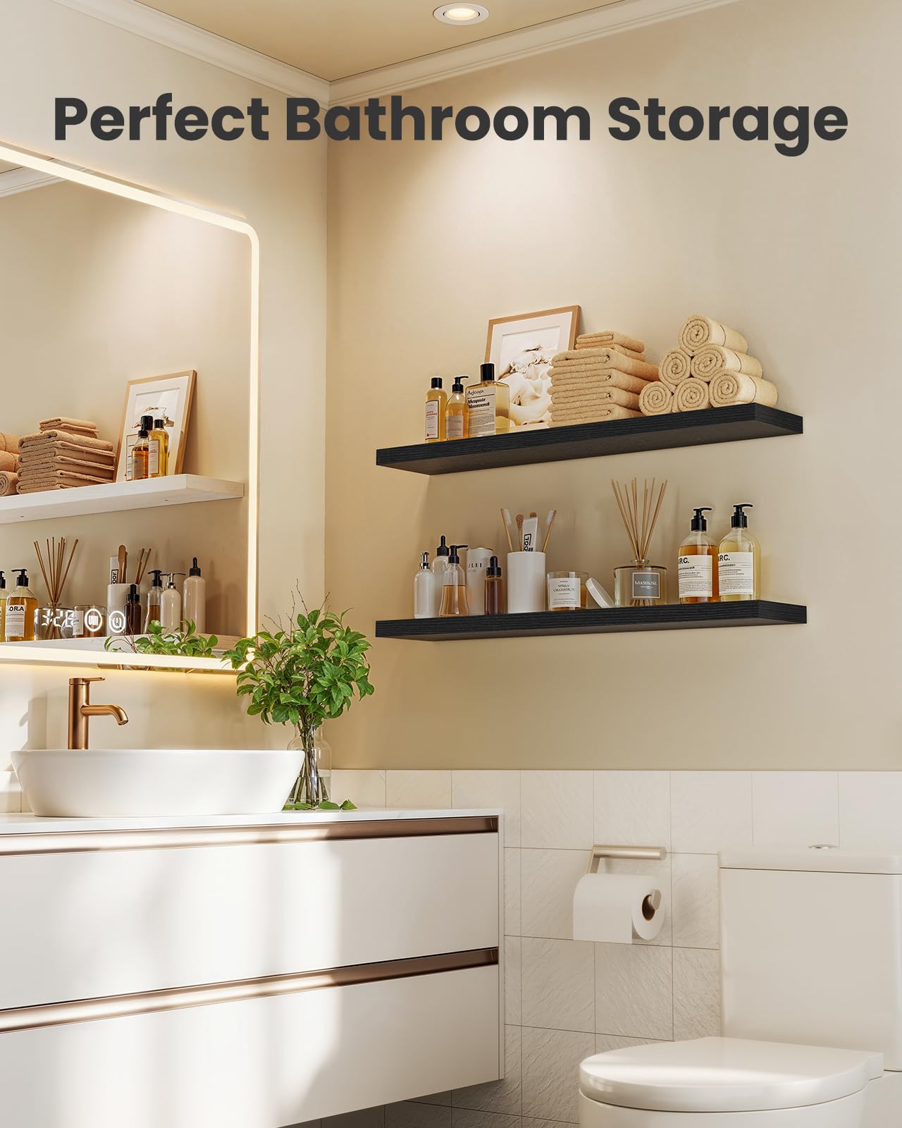 AMADA HOMEFURNISHING Floating Shelves for Wall, Wall Shelves for Living Room, Bedroom, Bathroom, Kitchen & Home Office Organization, Bathroom Shelves with Hidden Brackets, 22 lbs Max Load, AMFS44B