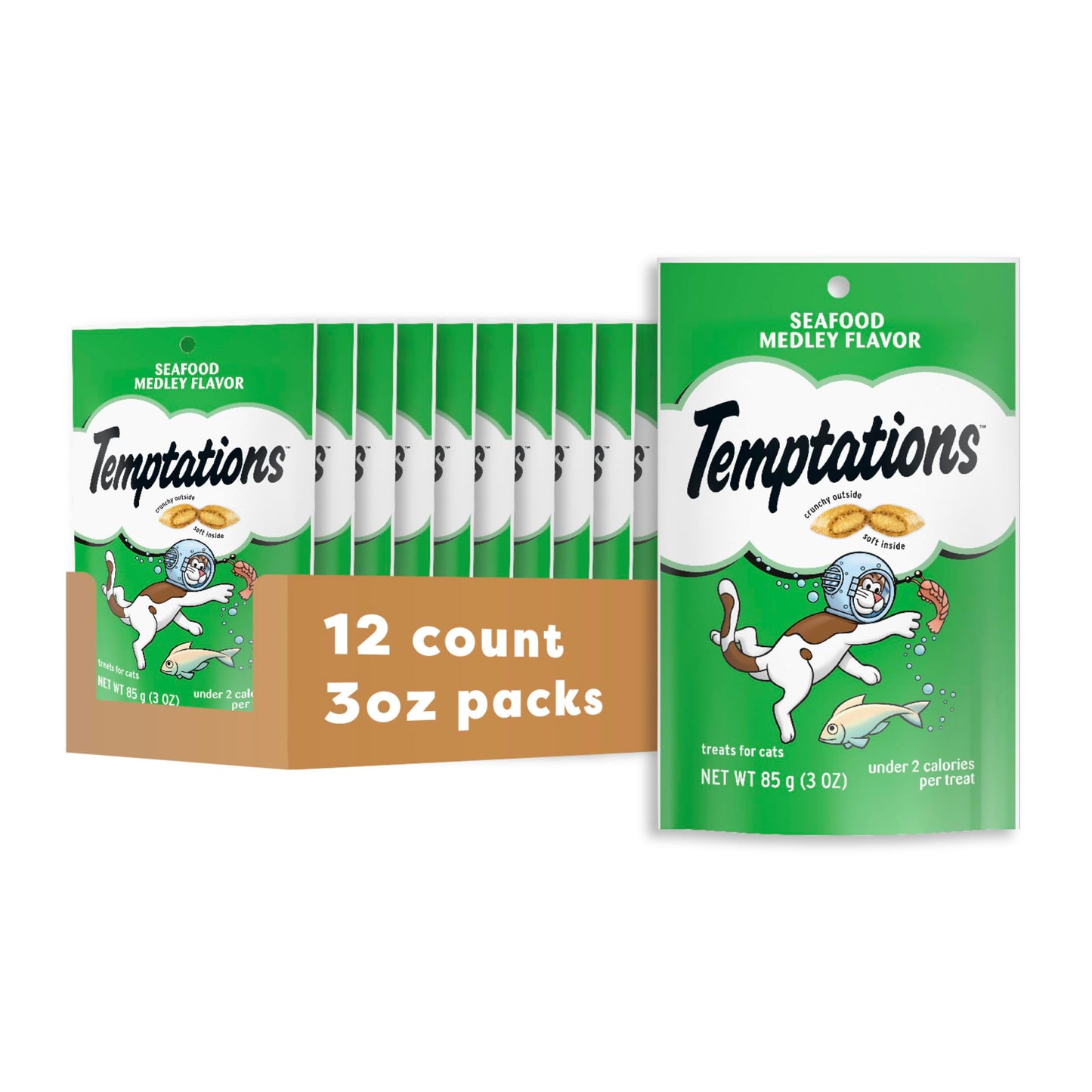 Temptations Classic Crunchy and Soft Cat Treats, Seafood Medley Flavor, 3 oz. Pouch (Pack of 12)