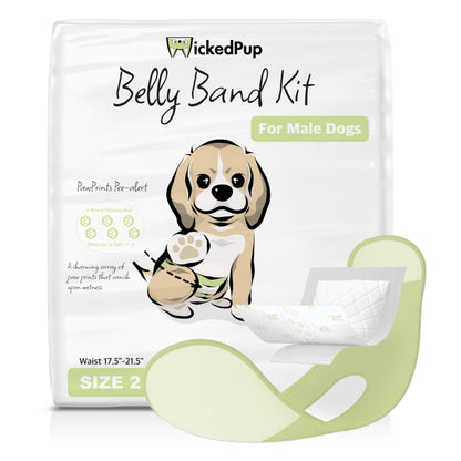 WICKEDPUP Male Dog Belly Band Kit, 50 Diaper Pads & 1 Reusable Male Wrap (Size 2 (17.5"-21.5" Waist))