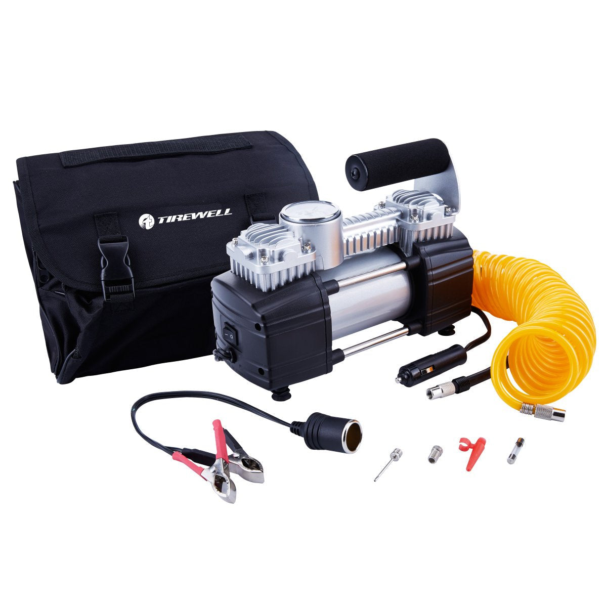 TIREWELL Tire Inflator Portable Air Compressor, 12V 150PSI Air Pump for Car, SUV, Motorcycle, Bicycle, Tire Inflator with Gauge, Air Car Pump with Battery Clamp and 5M Hose, Twin Cylinder Air Pump