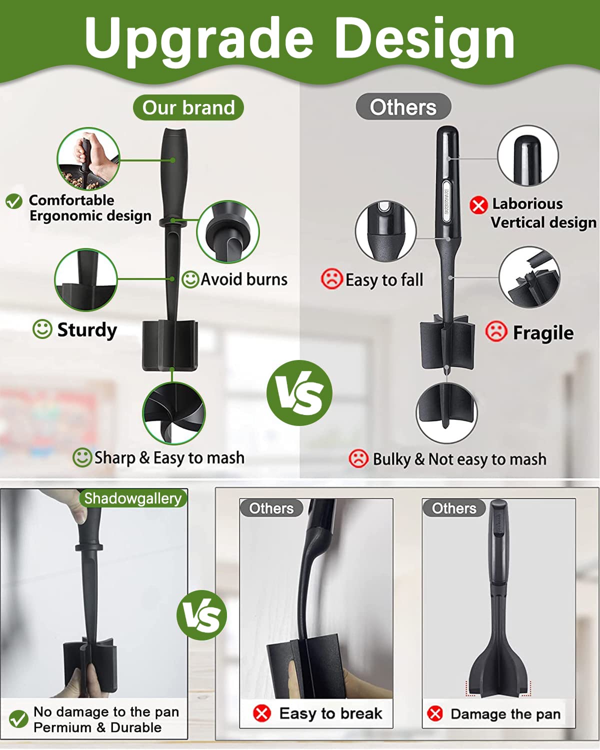 Upgrade Meat Chopper, Heat Resistant Meat Masher for Hamburger, Ground Beef Smasher, Nylon Hamburger Grinder Utensil for Ground Beef, Non Stick Mix Ground Chopper, Mix and Chop Potato Masher Tool