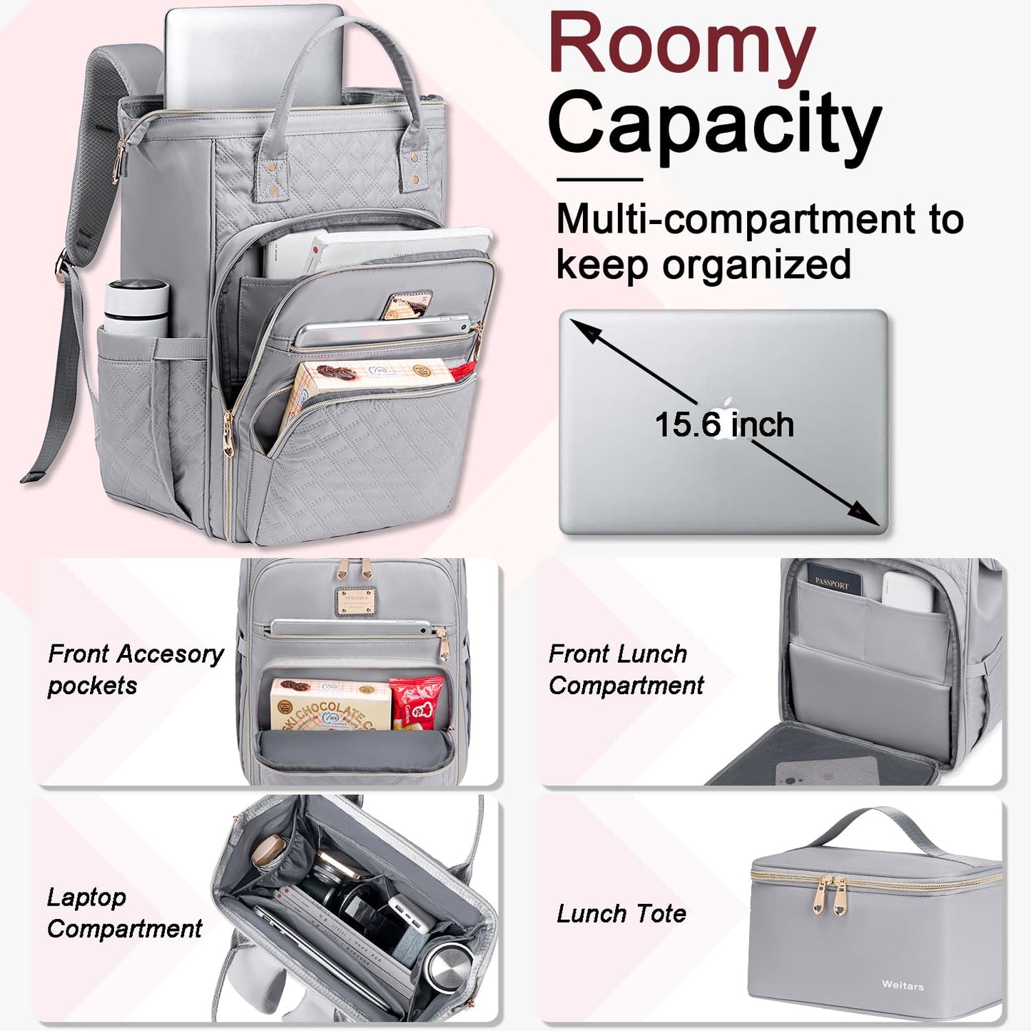 Weitars Lunch Backpack For Women,15.6 Inch Laptop Backpacks For Womens Back pack, Travel Backpacks,Work Backpack For Women (Gray)