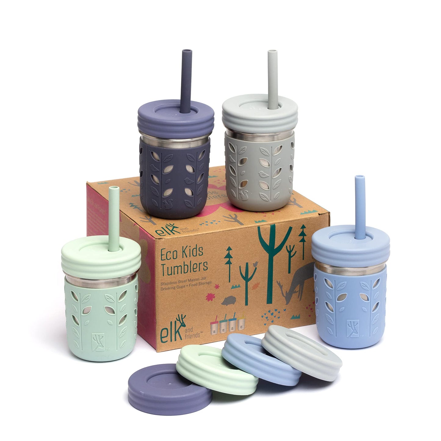 Elk and Friends 10oz Stainless Steel Kids + Toddler Drinking Cups | The Original Mason Jars with Lids + Sleeves + Straws | Smoothie Cups | Spill Resistant | Dishwasher Safe | 4 Pack