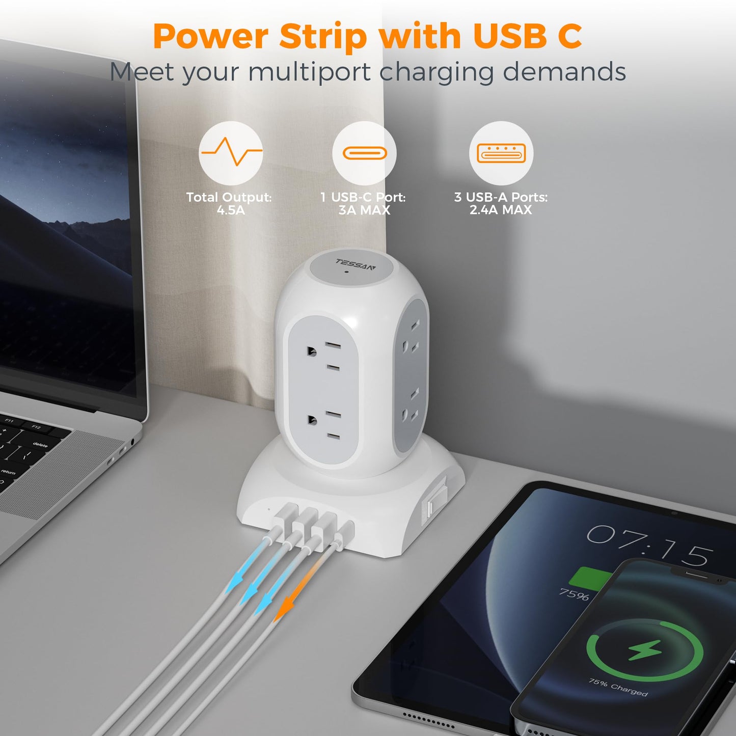 Surge Protector Power Strip Tower, TESSAN Flat Plug Extension Cord 10 Ft with 8 AC Multiple Outlets 4 USB Ports (1 USB C), 1050J Protection Desk Charging Station for Home, Office Supplies, Dorm Room