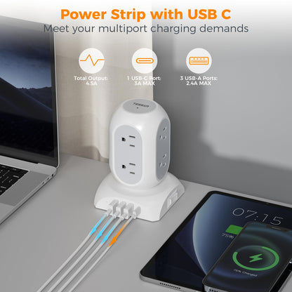 Surge Protector Power Strip Tower, TESSAN Flat Plug Extension Cord 10 Ft with 8 AC Multiple Outlets 4 USB Ports (1 USB C), 1050J Protection Desk Charging Station for Home, Office Supplies, Dorm Room