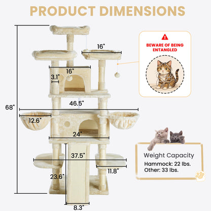 SHA CERLIN 68 Inches Multi-Level Large Cat Tree for Large Kitties/Big Cat Tower with Condo/Cozy Plush ‌Pussycat Perches/Sisal Scratching Posts and Hammocks/Activity Center/Beige