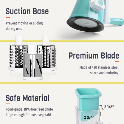 X Home Rotary Cheese Grater for Kitchen, Shredder with 3 Interchangeable Blades, Rotary Grater with Handle and Strong Suction Base, for Vegetables, Fruit, Nuts, Easy to Use and Clean, Blue