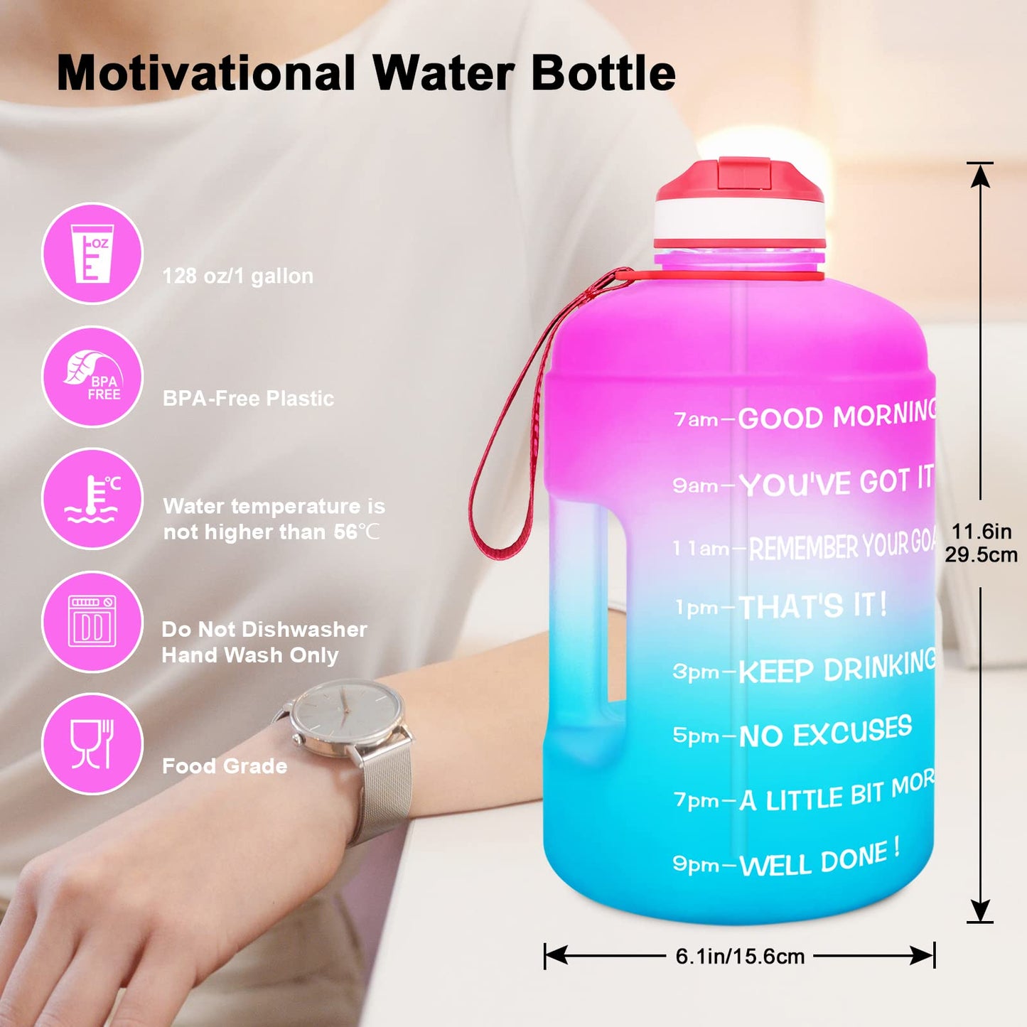 QuiFit Motivational Gallon Water Bottle - with Straw & Time Marker BPA Free Large Reusable Sport Water Jug with Handle for Fitness Outdoor Enthusiasts Leak-Proof (Pink/Blue,1 gallon)
