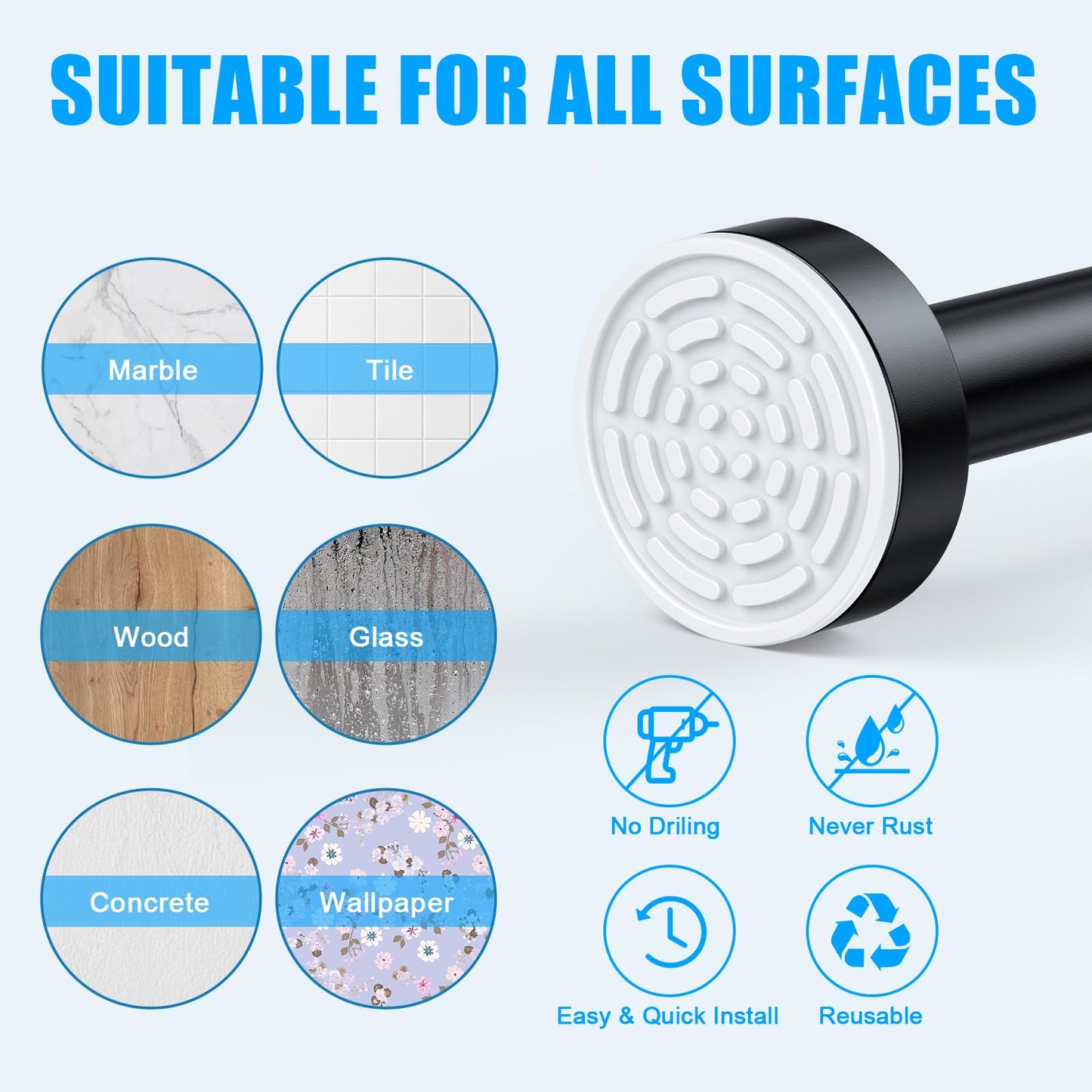 TEECK Shower Curtain Rod, 27-76 inch Adjustable Spring Tension Curtain Rod, Never Rust Anti-Slip Shower Curtain Rod for Bathroom, No Drilling, Never Collapse, Easy to Use, Black