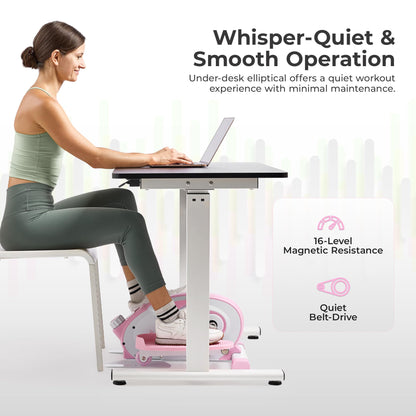 Sunny Health & Fitness Smart Pink Under-Desk Elliptical Trainer, Mini Pedal Exerciser for Home/Office Workout, Portable Machine for Seniors Training, Exclusive Bluetooth Link to SunnyFit App - P2420
