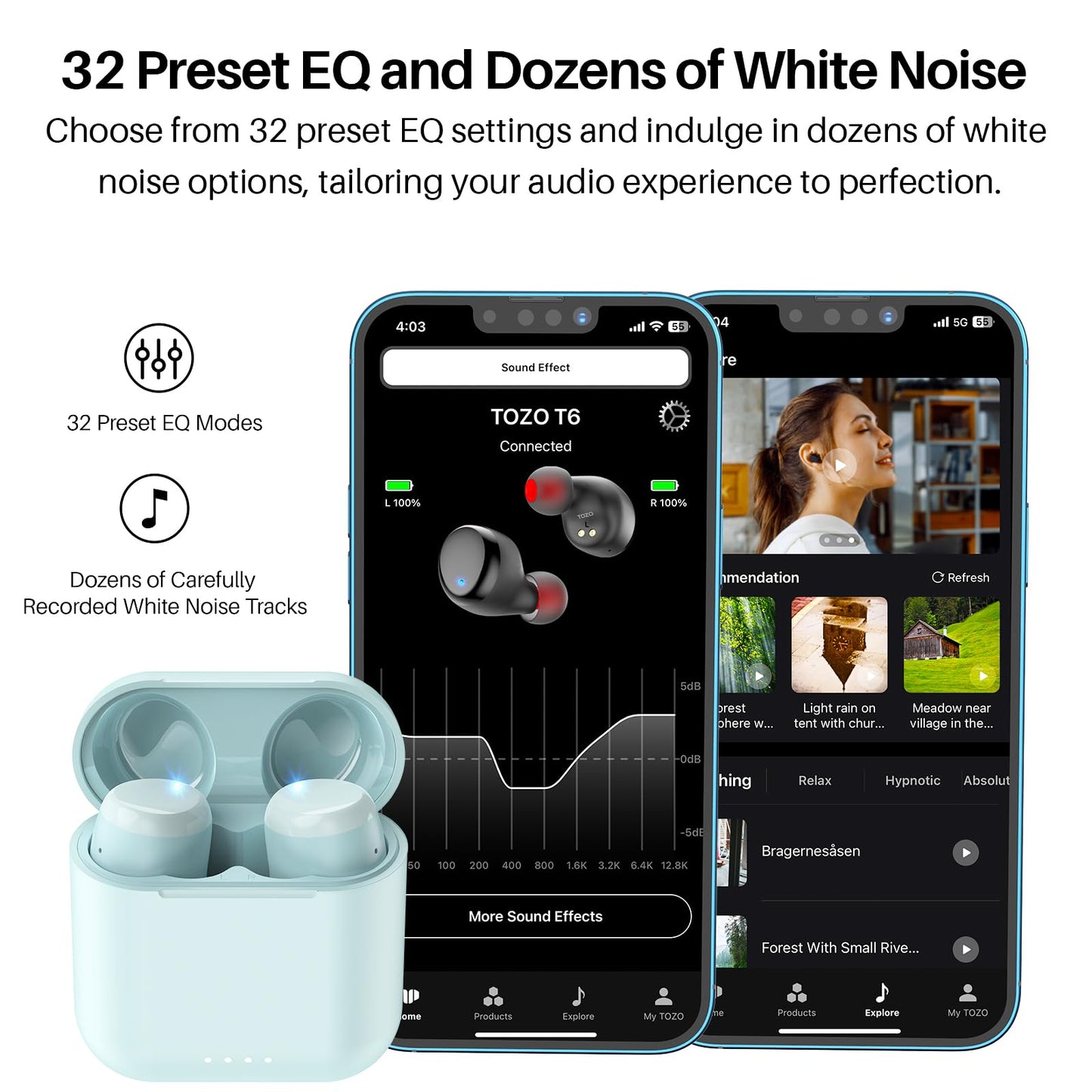 TOZO T6 Wireless Earbuds, IPX8 Waterproof Ear Buds, Stereo Bass Sound Bluetooth 5.3 Headphones in Ear, 50 Hours Playtime Earphones, Wireless Charging Case, Custom 32 EQ via APP