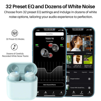 TOZO T6 Wireless Earbuds, IPX8 Waterproof Ear Buds, Stereo Bass Sound Bluetooth 5.3 Headphones in Ear, 50 Hours Playtime Earphones, Wireless Charging Case, Custom 32 EQ via APP