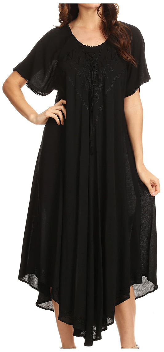 Sakkas 1701 - Lilia Embroidered Lace Up Bodice Relaxed Fit Maxi Sun Dress - Black - OS