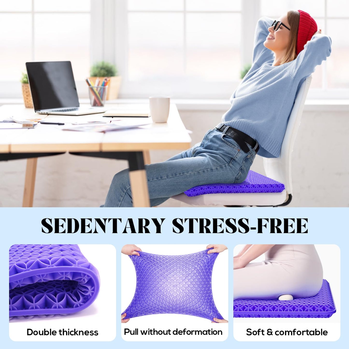 Seat Cushion, Thickened Big Gel Seat Cushion, Strong Support, Sciatica & Back Pain Relief, Breathable Cool Suitable as Office Chair Cushion, Car Seat Cushion, Wheelchair Cushions, 2 Non-Slip Covers