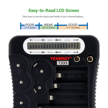 Tenergy T-333 Universal Battery Tester, LCD Display, Cell Checker, Multi-Purpose Small Battery Tester, for AA, AAA, C, D, 9V, CR123A, CR2, CRV3, 2CR5k CRP2, and Button Cell Batteries