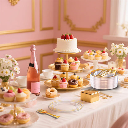 DaYammi 240Pcs Appetizer Plates Include 120Pcs Gold Dessert Plates 6.3inch with 120Pcs Gold Plastic Forks 5.7inch,Clear gold plates Disposable Salad Plate for Party Cake Plate for Wedding