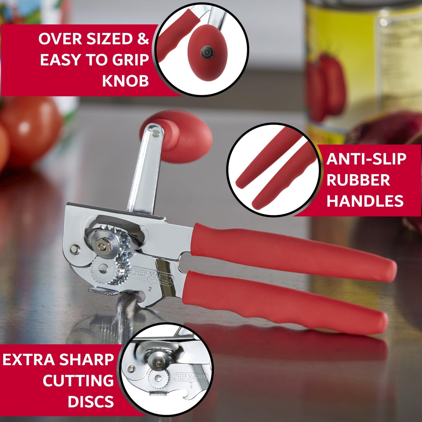 Chef Master Commercial Can Opener Heavy Duty - Manual Hand Crank for Large Cans with Anti-Slip Grip - Stainless Steel Restaurant Can Opener Manual for Seniors, Kitchen, Bars & Food Trucks - 90056