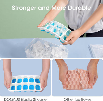 DOQAUS Ice Cube Tray with Lid and Bin, 4 Pack Silicone Plastic Ice Cubes Trays for Freezer with Box/Container, Stackable with Storage Iced Bucket Kits, Scoop, for RV, Soup, Food, Cocktail, Coffee