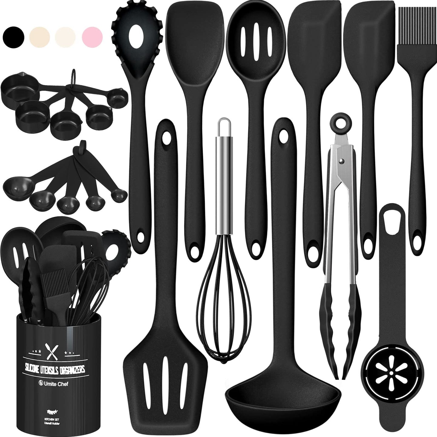 Silicone Kitchen Utensils Set, Umite Chef 22Pcs Cooking Utensils Spatula Set, Heat Resistant Non-Stick Silicone, Dishwasher Safe Cooking Gadgets Tools Set(Black)