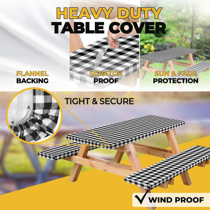 RNOONY Vinyl Fitted Picnic Table Cover with Bench Covers and Bag, 6ft Outdoor Waterproof Windproof Tablecloth with Elastic Edges. Camping RV Gear Campers Must Have 72x30 Inches 4 Pcs Set (Black)