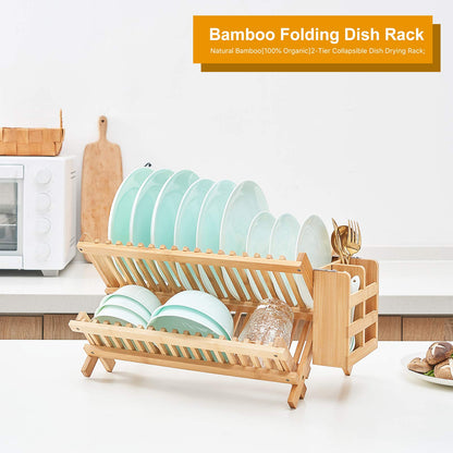 Worthyeah Bamboo Dish Drying Rack, 2 Tier Collapsible Dish Rack with Utensil Holder, Wooden Dish Drying Rack for Kitchen Counter, Large Folding Drying Holder, Dish Drainer 34 pcs Grid