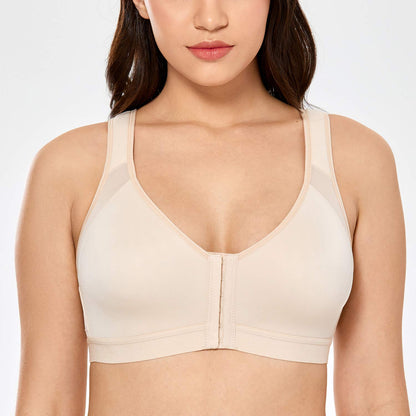 DELIMIRA Women's Full Coverage Front Closure Wire Free Back Support Posture Bra Taupe Tan 36B