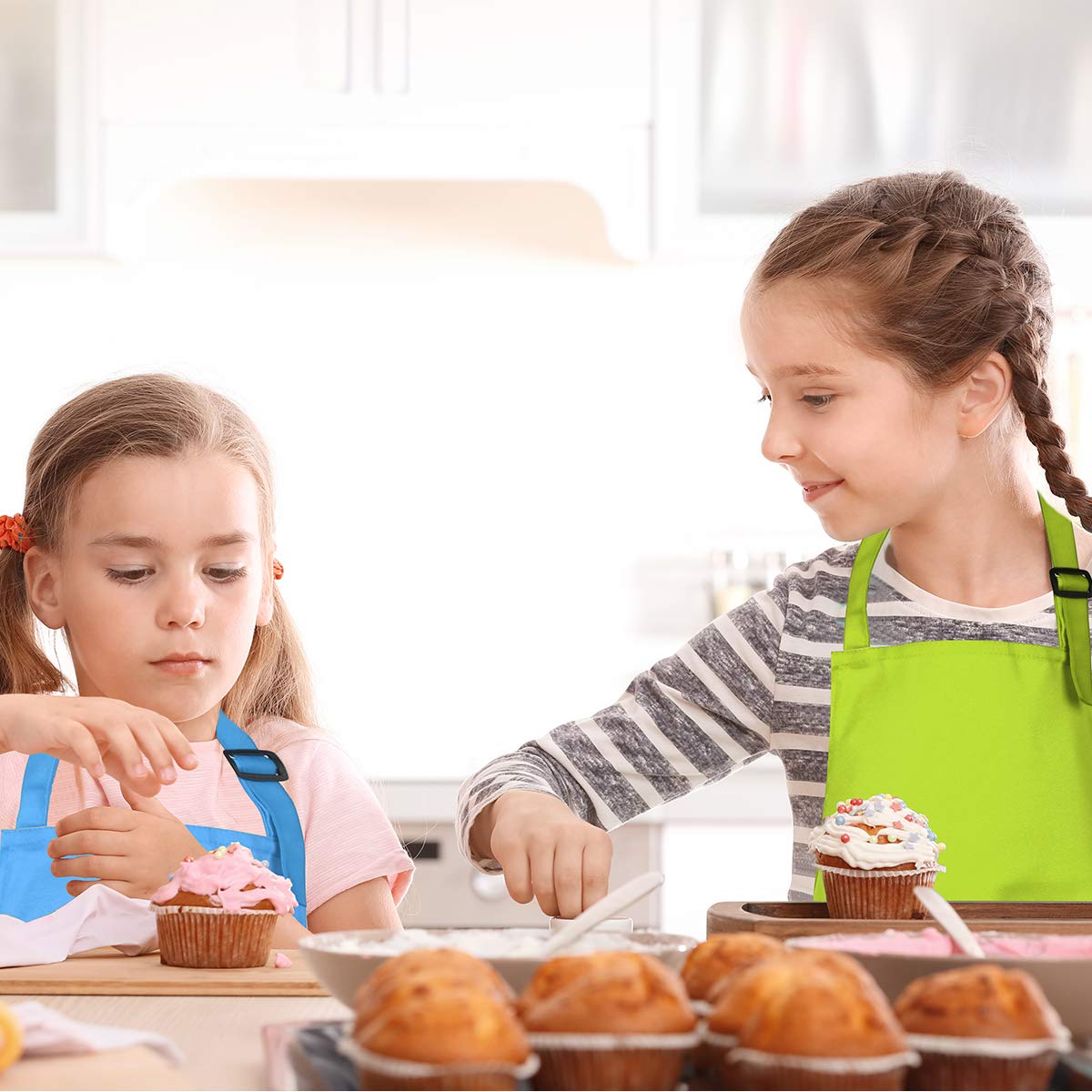 yarachel Kids Apron and Chef Hat Set - 8 Pieces Waterproof and Adjustable Child Aprons with Pockets Kitchen Bib Aprons for Boys and Girls Kitchen Cooking Baking Painting (Medium, Color 2)