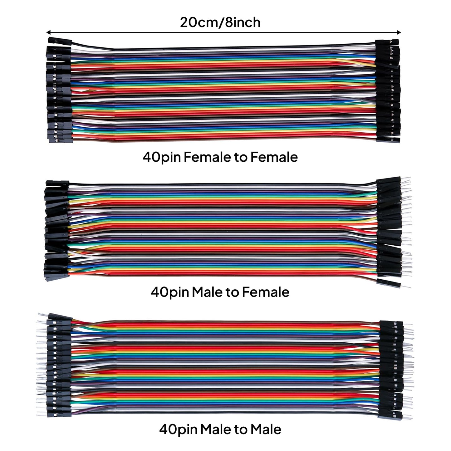 ELEGOO 120pcs Multicolored Dupont Wire 40pin Male to Female, 40pin Male to Male, 40pin Female to Female Breadboard Jumper Ribbon Cables Kit Compatible with Arduino Projects