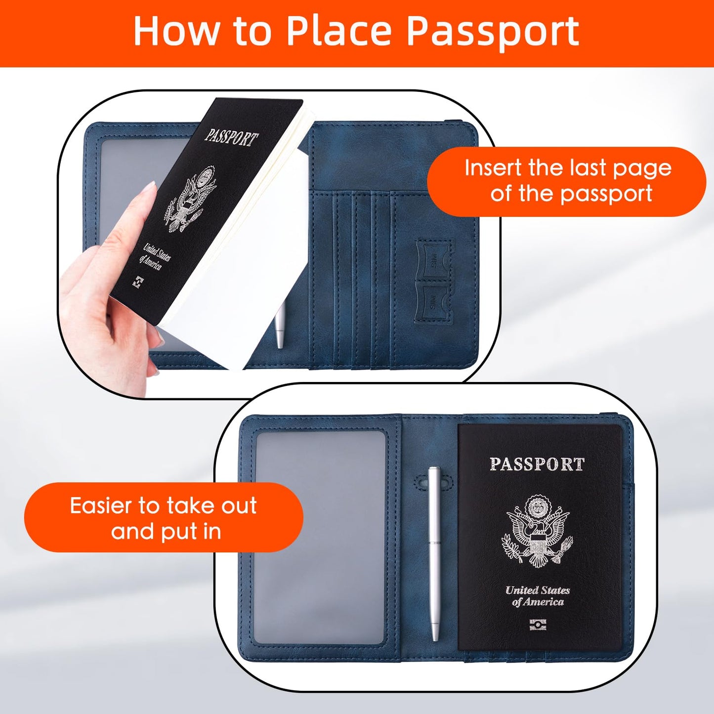 WALNEW Passport Holder Wallet, RFID Blocking Passport Cover Case PU leather Card Holder with Pen and Clear Card Slot for Women Men, Navy Blue