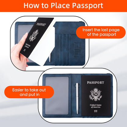 WALNEW Passport Holder Wallet, RFID Blocking Passport Cover Case PU leather Card Holder with Pen and Clear Card Slot for Women Men, Navy Blue
