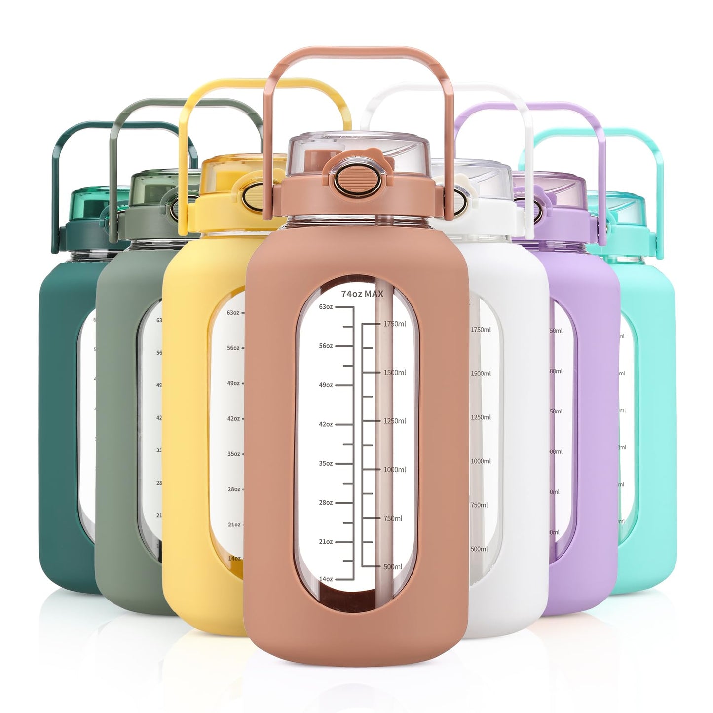 chunmo 74 oz Glass Water Bolttles with Straw Large Motivational Water Bottle with Time Marker Sports Water Bottles with Silicone Sleeve and Handle Lid 2.2L Water Jug for Gym Workout