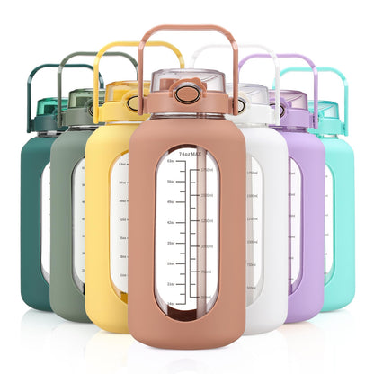 chunmo 74 oz Glass Water Bolttles with Straw Large Motivational Water Bottle with Time Marker Sports Water Bottles with Silicone Sleeve and Handle Lid 2.2L Water Jug for Gym Workout