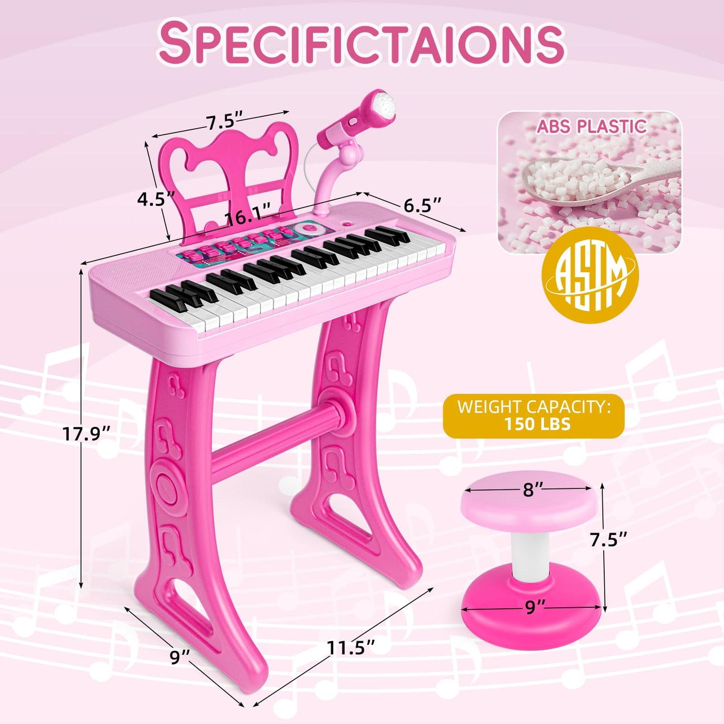 Amy&Benton Birthday Gift for 3 4 5 6 7 Year Old Girls Piano Toy with Stood for Girls 3-5 Pink Music Keyboard Toy 37 Keys with Chair