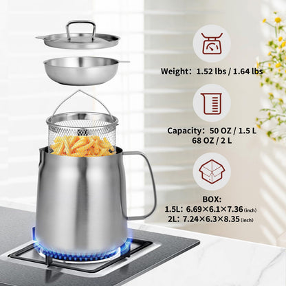 68oz 304 Stainless Steel Deep Fryer Pot with Basket & Strainer, Large Capacity Bacon Grease Container for Kitchen,Frying, Cooking, Camping,Oil Filter Container - Dishwasher Safe (68oz/2L/2.1Qt)