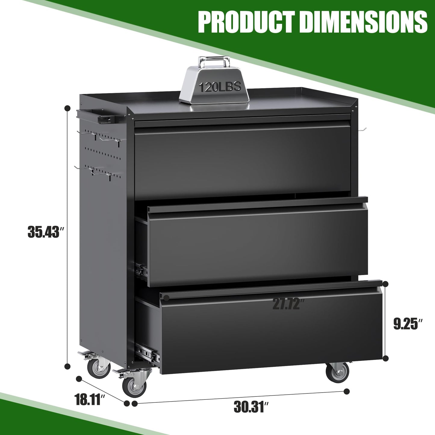 SUXXAN Metal Storage Cabinet with 3 Drawer and 4 Hooks,35.4" H Top Workbench Mobile Tool Chests Garage Cabinets with 4 Wheels,Tool Cabinets for Home,Office,Shop